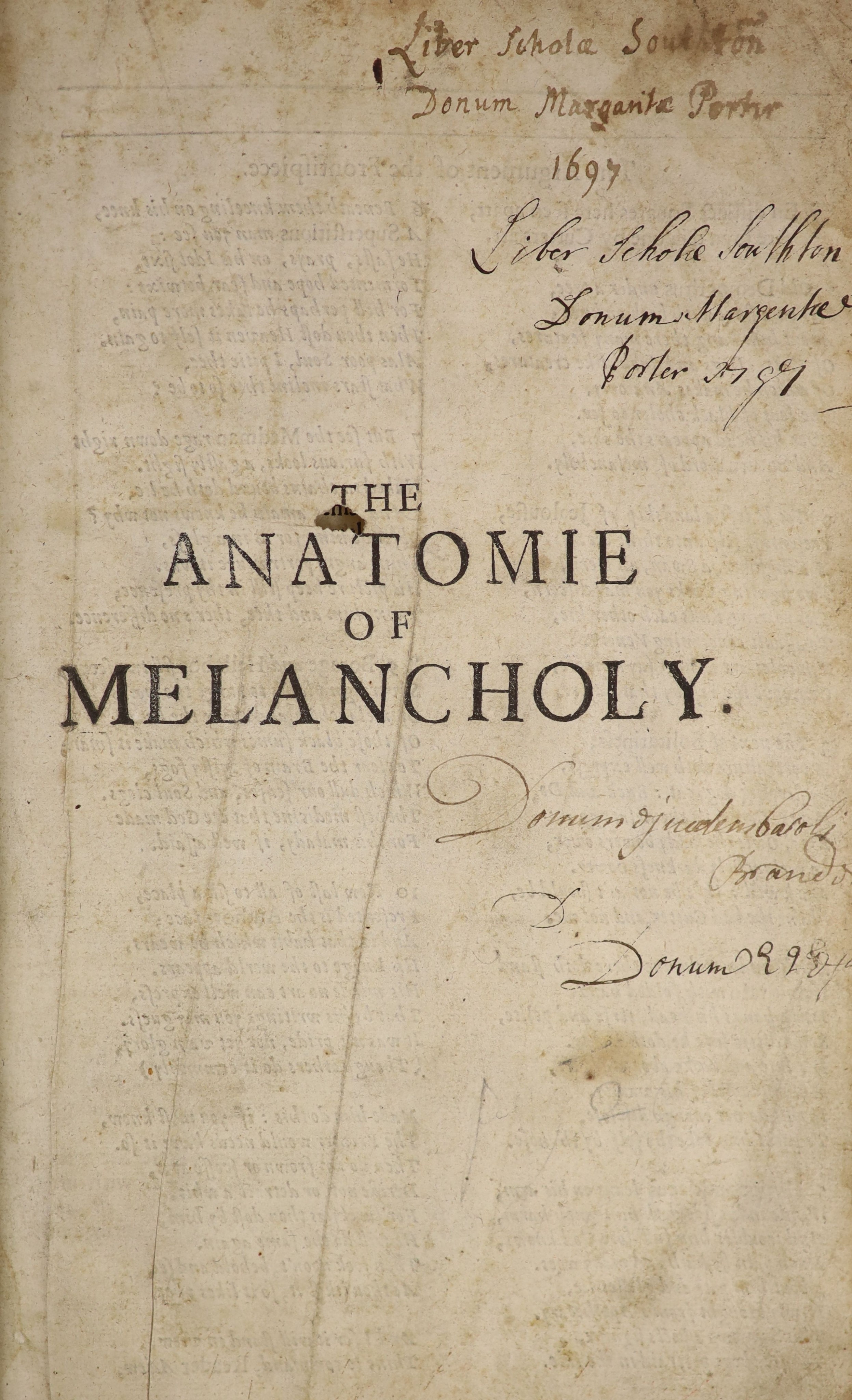 [Burton, Robert - The Anatomie of Melancholy] i.e. lacks pictorial engraved title, (half title present - with 'The Argument of the Frontispiece' on verso). 6th (revised) edition.
